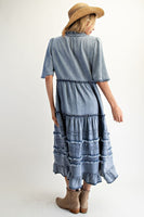 Easel OVERSIZED Frayed Detailed Maxi Dress in Washed Denim
