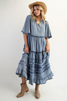 Easel OVERSIZED Frayed Detailed Maxi Dress in Washed Denim