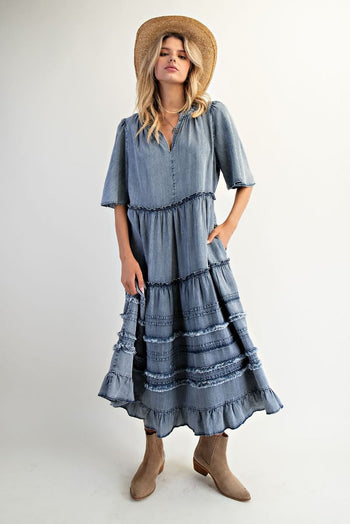 Easel OVERSIZED Frayed Detailed Maxi Dress in Washed Denim