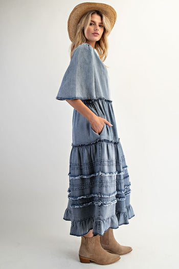 Easel OVERSIZED Frayed Detailed Maxi Dress in Washed Denim June Adel Easel OVERSIZED Frayed Detailed Maxi Dress in Washed Denim June Adel