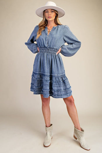 Easel Chambray Mini Dress in Washed Denim