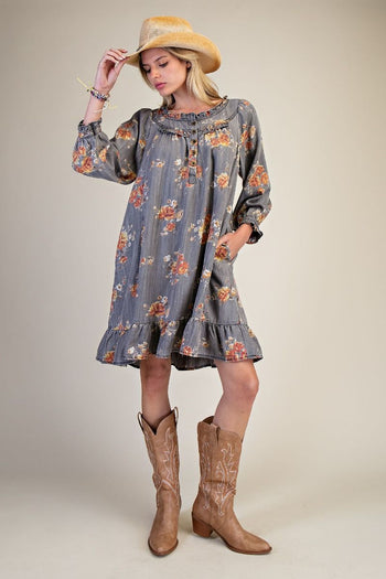 Easel Floral Print Washed Chambray Dress in Ash Denim