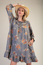 Load image into Gallery viewer, Easel Floral Print Washed Chambray Dress in Ash Denim
