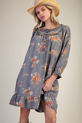 Easel Floral Print Washed Chambray Dress in Ash Denim