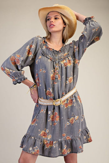 Easel Floral Print Washed Chambray Dress in Ash Denim