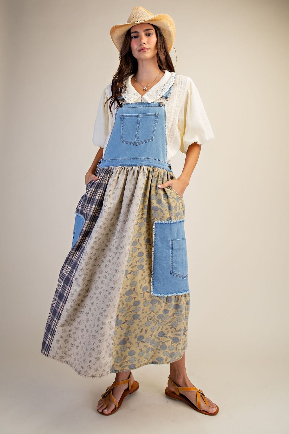 Easel Patchwork Detailed Denim Overall Dress in Washed Denim – June Adel
