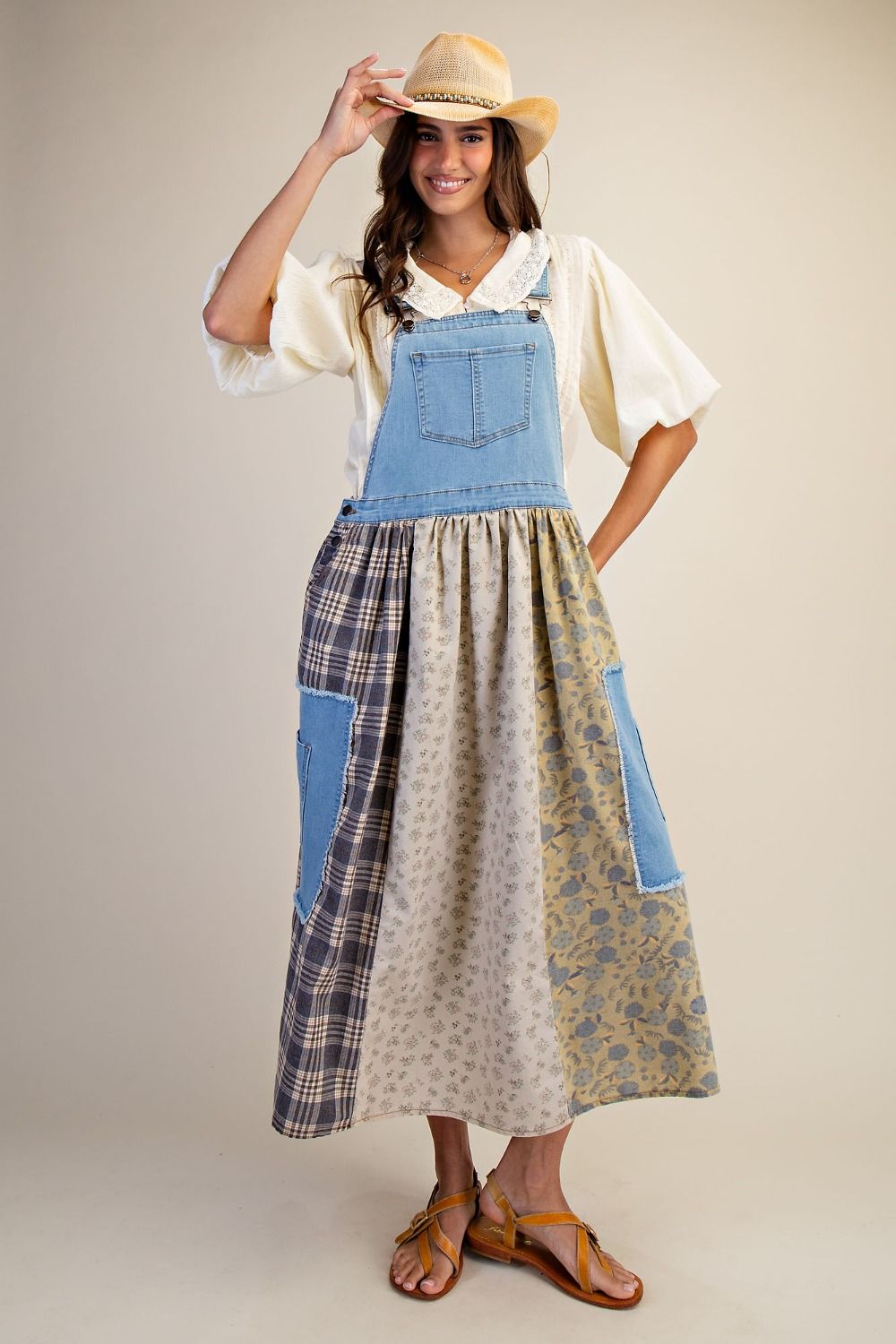 Easel Patchwork Detailed Denim Overall Dress in Washed Denim – June Adel