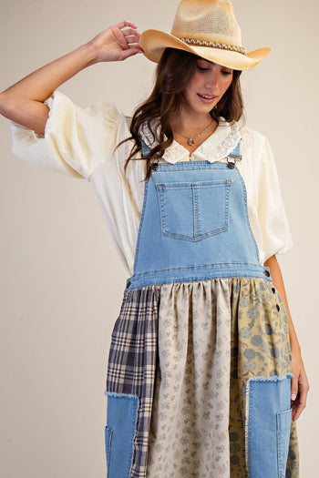 Easel Patchwork Detailed Denim Overall Dress in Washed Denim