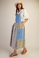 Easel Patchwork Detailed Denim Overall Dress in Washed Denim