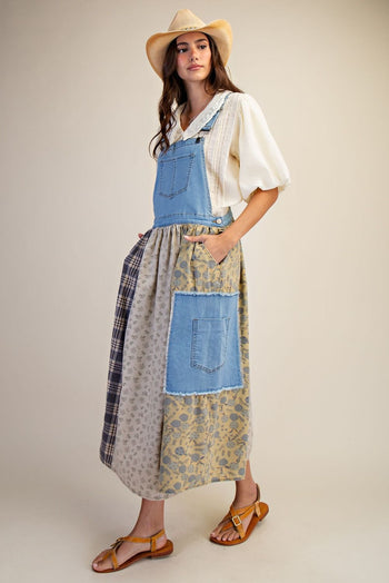Easel Patchwork Detailed Denim Overall Dress in Washed Denim