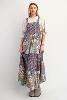 Easel Mixed Print Patchwork Overall Maxi Dress in Navy