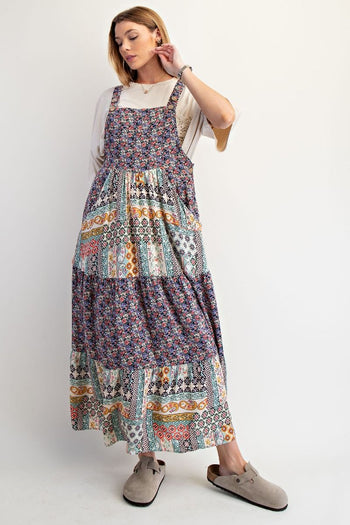Easel Mixed Print Patchwork Overall Maxi Dress in Navy