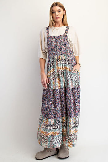 Easel Mixed Print Patchwork Overall Maxi Dress in Navy M Easel Mixed Print Patchwork Overall Maxi Dress in Navy M