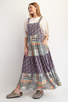 Easel Mixed Print Patchwork Overall Maxi Dress in Navy