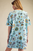 Easel Signature Floral Print and Daisy Patched Terry Knit Dress in Aqua Blue