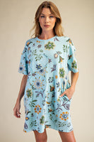 Easel Signature Floral Print and Daisy Patched Terry Knit Dress in Aqua Blue