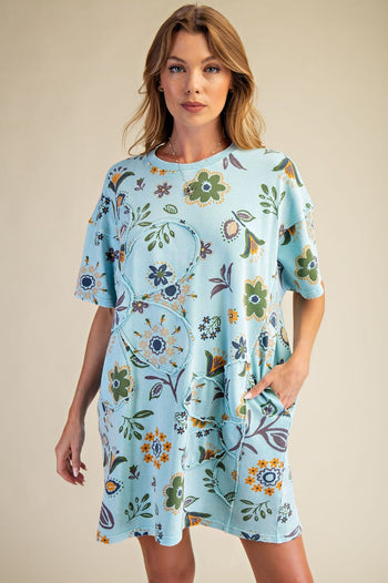 Easel Signature Floral Print and Daisy Patched Terry Knit Dress in Aqua Blue