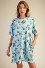 Load image into Gallery viewer, Easel Signature Floral Print and Daisy Patched Terry Knit Dress in Aqua Blue
