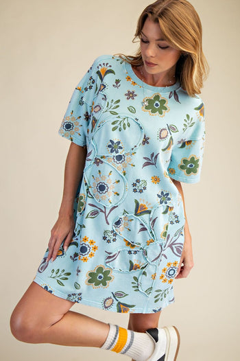 Easel Signature Floral Print and Daisy Patched Terry Knit Dress in Aqua Blue