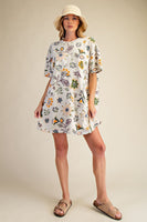 Easel Signature Floral Print and Daisy Patched Terry Knit Dress in Ecru