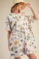 Easel Signature Floral Print and Daisy Patched Terry Knit Dress in Ecru