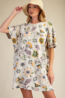 Easel Signature Floral Print and Daisy Patched Terry Knit Dress in Ecru