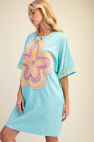 Easel Mineral Washed Floral Patched T-Shirt Dress in Aqua