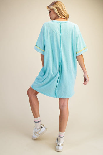 Easel Mineral Washed Floral Patched T-Shirt Dress in Aqua