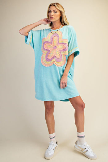 Easel Mineral Washed Floral Patched T-Shirt Dress in Aqua