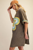 Easel Mineral Washed Floral Patched T-Shirt Dress in Ash Olive