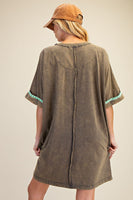 Easel Mineral Washed Floral Patched T-Shirt Dress in Ash Olive