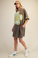 Easel Mineral Washed Floral Patched T-Shirt Dress in Ash Olive