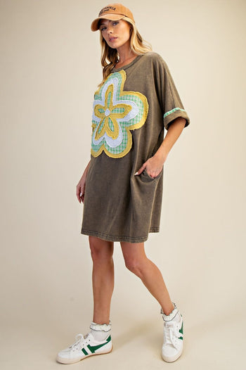 Easel Mineral Washed Floral Patched T-Shirt Dress in Ash Olive