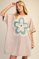 Easel Mineral Washed Floral Patched T-Shirt Dress in Khaki