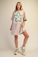 Easel Mineral Washed Floral Patched T-Shirt Dress in Khaki