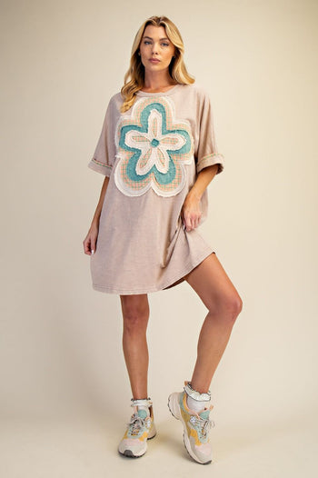Easel Mineral Washed Floral Patched T-Shirt Dress in Khaki