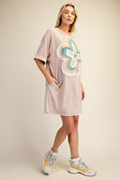 Easel Mineral Washed Floral Patched T-Shirt Dress in Khaki
