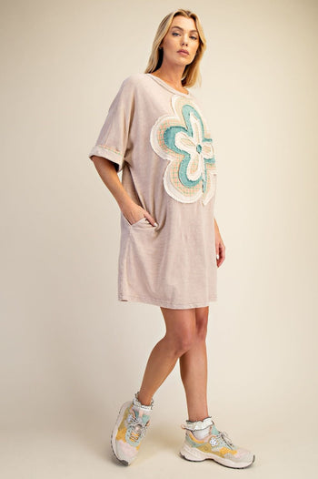 Easel Mineral Washed Floral Patched T-Shirt Dress in Khaki