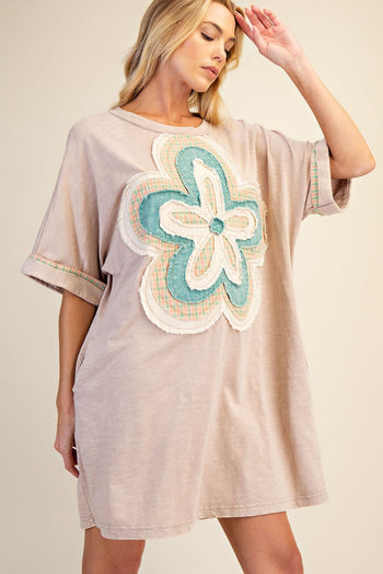 Easel Mineral Washed Floral Patched T-Shirt Dress in Khaki