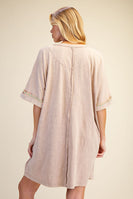 Easel Mineral Washed Floral Patched T-Shirt Dress in Khaki