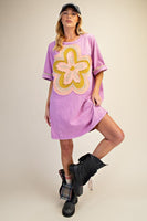 Easel Mineral Washed Floral Patched T-Shirt Dress in Orchid