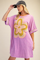 Easel Mineral Washed Floral Patched T-Shirt Dress in Orchid