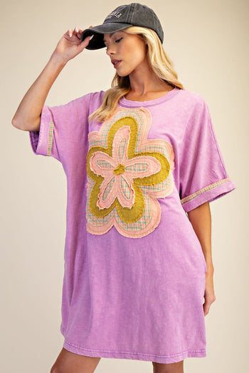 Easel Mineral Washed Floral Patched T-Shirt Dress in Orchid