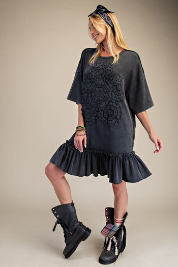 Easel Crochet Flower Casual Dress in Black