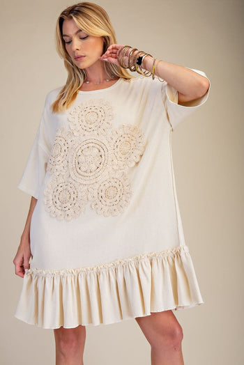 Easel Crochet Flower Casual Dress in Natural