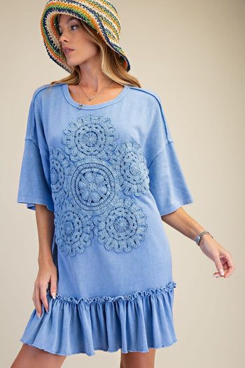 Easel Crochet Flower Casual Dress in Peri Blue
