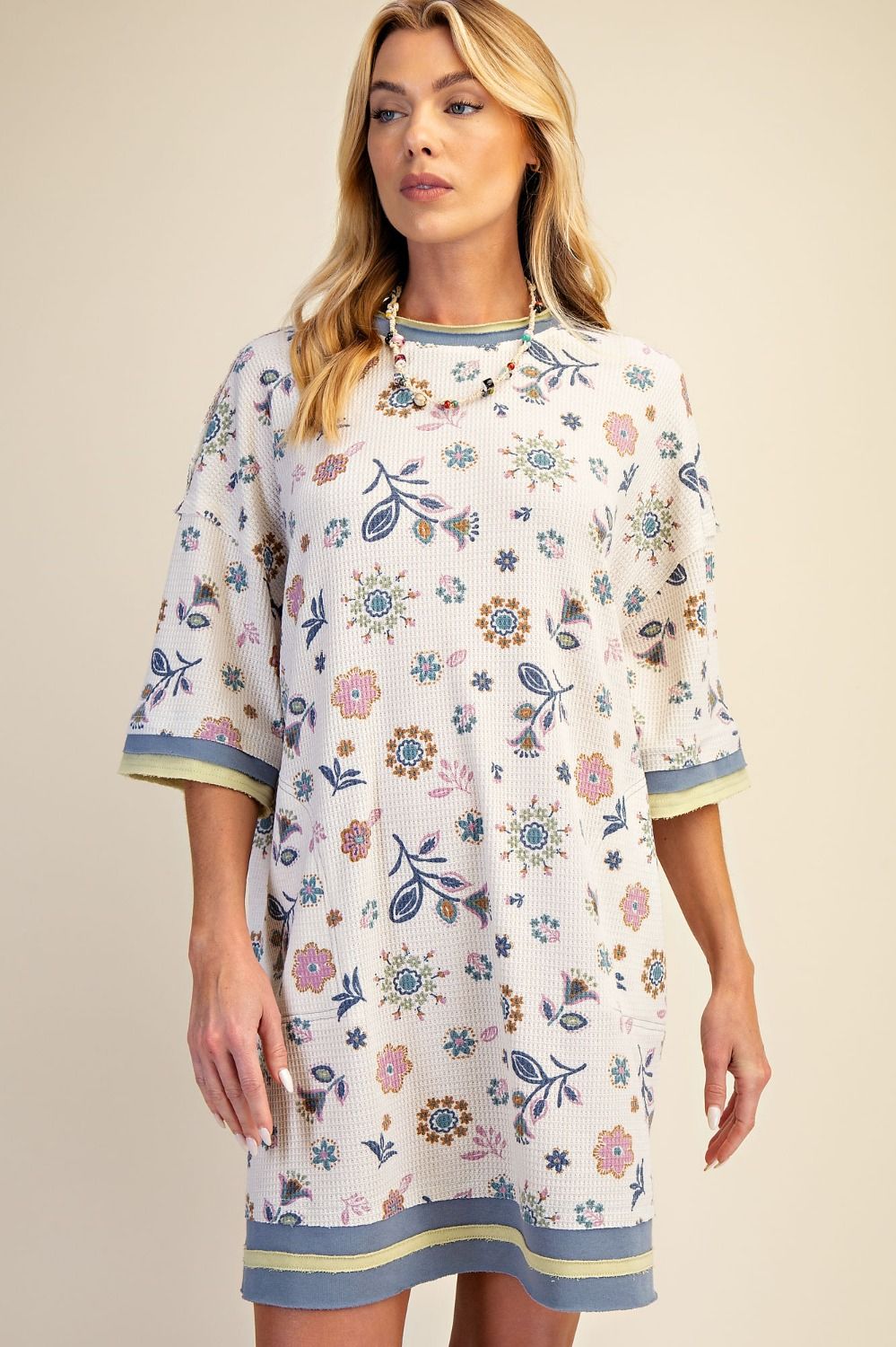Easel Signature Floral Print Waffle Knit Dress in Lilac Blue June Adel Easel Signature Floral Print Waffle Knit Dress in Lilac Blue June Adel