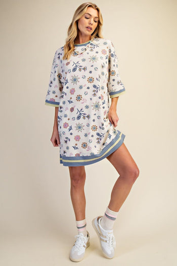 Easel Signature Floral Print Waffle Knit Dress in Lilac Blue