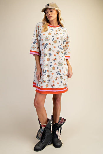 Easel Signature Floral Print Waffle Knit Dress in Sage Rust