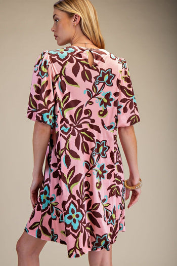 Easel Floral Print Stretch Velvet Dress in Rose Brown